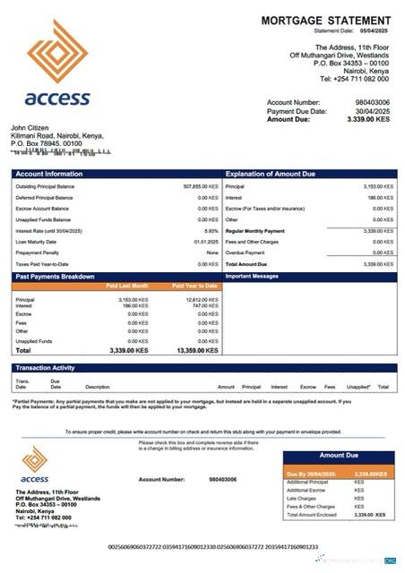 Download Kenya Access Bank mortgage statement Word and PDF template Photoshop template